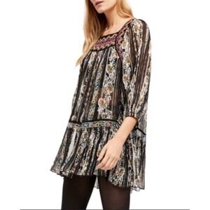 Free People Dance Magic Tunic Top‎ Black Combo S Small Boho Embroidered Sheer